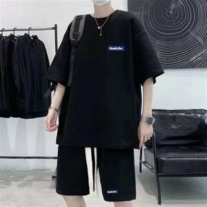 夏 カジュアル 半袖シャツ ショートパンツ 韓國ファッション セットアップ 上下セット メンズ ブラック L