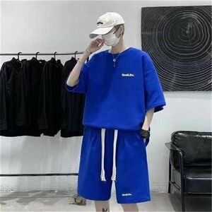 夏 カジュアル 半袖シャツ ショートパンツ 韓國ファッション セットアップ 上下セット メンズ ブルー M