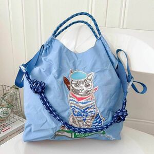 Ball&Chain　韓国　エコバッグ　刺繍　Mサイズ　ブルー　青　猫　キャット
