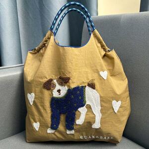 【新品未使用】エコバッグ 刺繍 韓国 ベージュ 犬 イヌ ハート プレゼント 可愛い 大人気 プレゼント Mサイズ