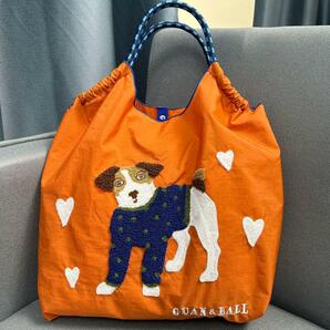 エコバッグ 刺繍 韓国 オレンジ 犬 プレゼント Mサイズ 贈り物