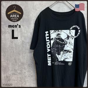 USA　Tシャツ　半袖　メンズ　古着　Lサイズ　アメリカ　ブラック　黒　丸首　プリント