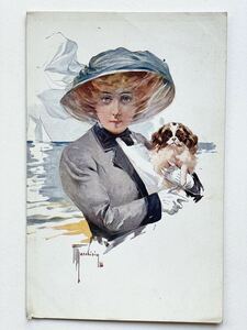 アンティーク ポストカード 絵葉書【浜辺で子犬を抱く女性】白い手袋 ヨット 1078E