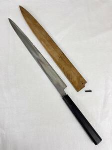 刺身包丁 黒檀 柄 鞘付き 包丁 和包丁 全長 約490mm 重量 約168g 銘不明