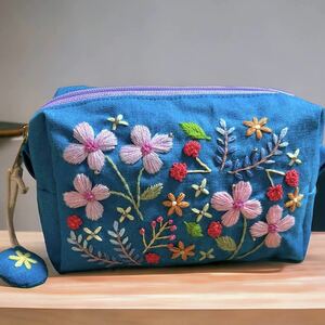  box pouch blue flower hand embroidery hand made 