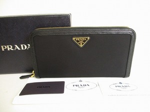 【展示未使用品】 プラダ PRADA ナイロン×レザー ゴールド金具 ラウンド財布 ジップアラウンド 長財布 メンズ レディース