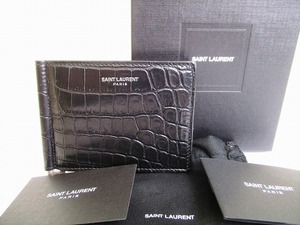 【美品】 サンローラン パリ Saint Laurent Paris クロコダイルエンボス レザー ビルクリップ付き 二つ折り 札入れ 財布 メンズ