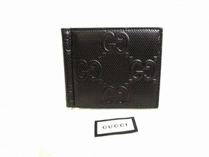 【未使用保管品】 グッチ GUCCI GGエンボス レザー マネークリップ付き 二つ折り ウォレット 札入れ 財布 メンズ