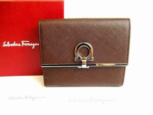 【未使用保管品】 サルバトーレ フェラガモ Salvatore Ferragamo ガンチーニ レザー シルバー金具 2つ折り 財布 コンパクト財布