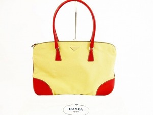 プラダ PRADA キャンバス&レザー ハンドバッグ ショルダーバッグ ベージュ×赤 メンズ レディース