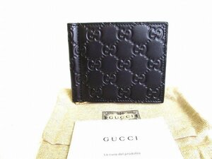 【未使用保管品】 グッチ GUCCI シマ レザー マネークリップ付き 二つ折り ウォレット 札入れ 財布 メンズ