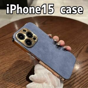 iPhone case15 レザー風 ゴールドフレーム ブルー TPU 韓国 おしゃれ レザーケース シンプル 新品
