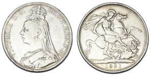 １円スタート! ・1891 イギリス １クラウン銀貨 ビクトリア・アンティーク コイン