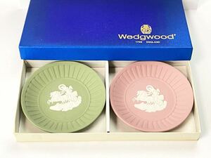 C2195 WEDGWOOD ウェッジウッド ジャスパー ペールグリーン＆ ピンク 小皿 2客 ミニプレート MADE IN ENGLAND