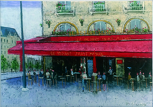 絵画　肉筆油絵　石川佳図　パリのカフェ　サンミッシェル　　油絵Ｆ４キャンパスのみ　送料無料　受注制作作品