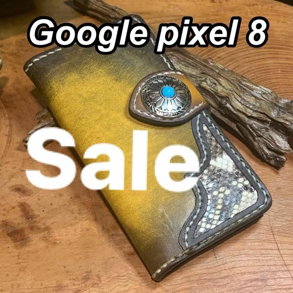 Sale 栃木レザー　Google pixel 8レザーケースビンテージブラウン　サドルレザー　角飾りパイソン