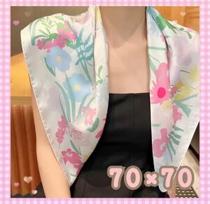 スカーフ ホワイト ピンク 花柄 フェミニン ガーリー 70×70 ネックスカーフ バックスカーフ ヘッドスカーフ レトロ 新品