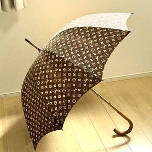 【1円　希少】　ルイヴィトン　Louis Vuitton　日傘　傘　モノグラム　パラプルュイ　総柄　木製 梅雨　雨