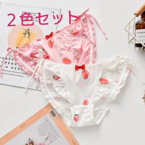 ゆめかわいい紐パンツ　レディースショーツ　下着セット ホワイトピンク　いちご苺m16 M L 女性下着 ランジェリー パンツ