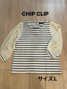 ＊CHIP CLIP：サイズL：お袖がシースルーのボーダー柄の七分袖Tシャツ＊