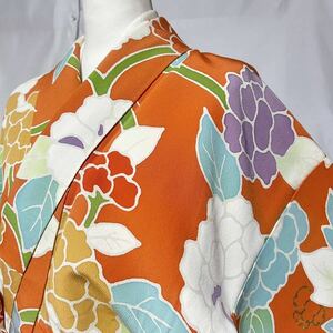 ●きもの翠● ちりめん 型染め 小紋 金彩加工 花柄 かわいい オレンジ色 正絹 和装 和服 着物 #Y779
