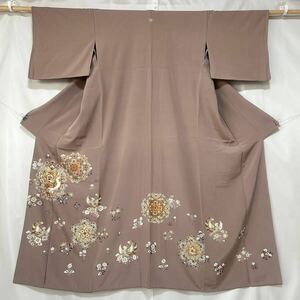 ●きもの翠● 色留袖 鳳凰 金駒刺繍 金彩加工 金箔 共八掛に柄 和装 和服 着物 正絹 葡萄鼠 #X148