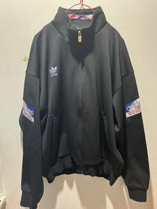 80 90s adidas アディダス ジャージ トラックジャケット XO (XL) デサント トレフォイルロゴ ブラック ホワイト ヴィンテージ 