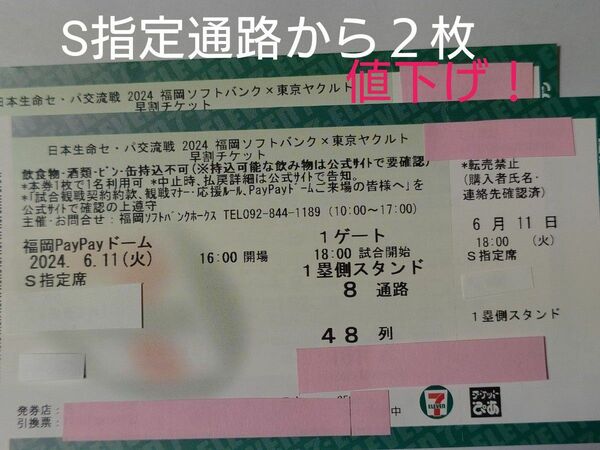 PayPayドーム6月11日　S指定通路から２枚 通路側