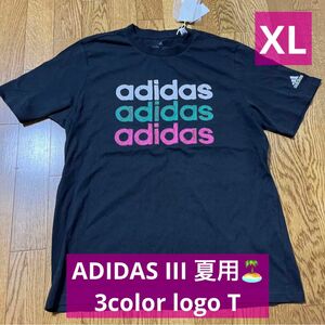 ADIDAS IIIアディダス3デザインカラーTシャツ天然コットン　ネイビー　XLサイズブラック ネイビー 半袖Tシャツ
