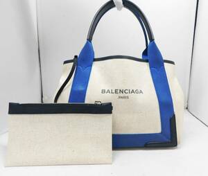 BALENCIAGA バレンシアガ ★ NAVY CABAS Sサイズ コーティングキャンバス トートバッグ ブルー ポーチ付き