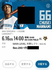 エスコンフィールド　6月16日　日曜日　ファイターズVSジャイアンツ　MAIN LEVEL レフト243 最前列通路側から2席