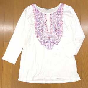美品 EL MIDAS エルミダ コットン100% スパンコール装飾 プリント カットソー 13(XL) 白系 日本製 ロンT Tシャツ LL 2L ゆったり 大きいの画像1