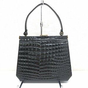 ◆REAL CROCODILE BAG ワニ革 シャイニークロコダイル ハンドバッグ 黒 ブラック レザーバッグ がま口 レディース 女性用 婦人