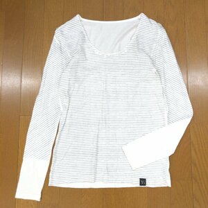 Y's ワイズ コットン100% オープンネック ボーダープリント カットソー 2(M) オフホワイト系 日本製 ロンT Tシャツ 女性用 ヨウジヤマモト