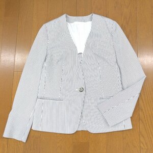 美品 UNITED ARROWS GLR ユナイテッドアローズ 背抜き ノーカラー ストライプ ストレッチ コットン サマージャケット 38(M) 羽織り 春夏