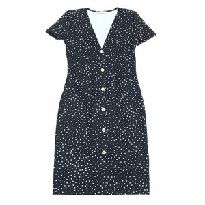 美品 ZARA ザラ オープンネック 水玉柄 ストレッチ ドレス ワンピース L 黒 ブラック 半袖 マキシ丈 ドット フロントボタン タイトスカート