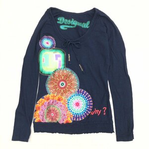 Desigual デシグアル レース切替 オープンネック ギャザー カットソー MEX:30(JP:M相当) 濃紺 ネイビー ロンT Tシャツ 個性派 女性用