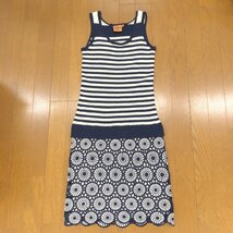 Tory Burch トリーバーチ コットン100% レース切替 ボーダー リブニット ワンピース XS アイボリー×ネイビー ノースリーブ タンクトップ_画像1