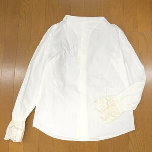 美品 MORABITO モラビト アイレットレース ストレッチ プルオーバー シャツ 40(L) 白 ホワイト 日本製 ブラウス バックボタン 長袖 女性用