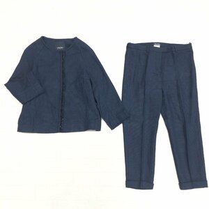 ●'S MaxMara マックスマーラ ホップサック織り ストレッチ 麻 リネン パンツスーツ 上下セットアップ 38 濃紺 ネイビー ジャケット 女性用