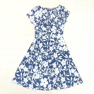 美品 FAS FILLE A SUIVRE ファス 花柄 オープンネック ストレッチ ドレス ワンピース T1(M相当) ネイビー系 フランス製 半袖 ミディ丈