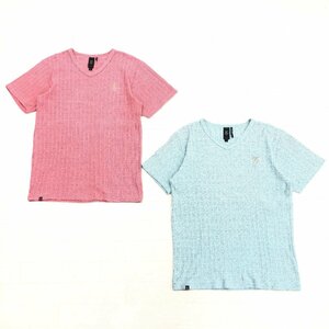 ●KARL KANI カールカナイ ロゴ刺繍 Ｖネック コットン ニット Tシャツ 2点セット L ピンク/ライトブルー 半袖 セーター 日本製 まとめ売り