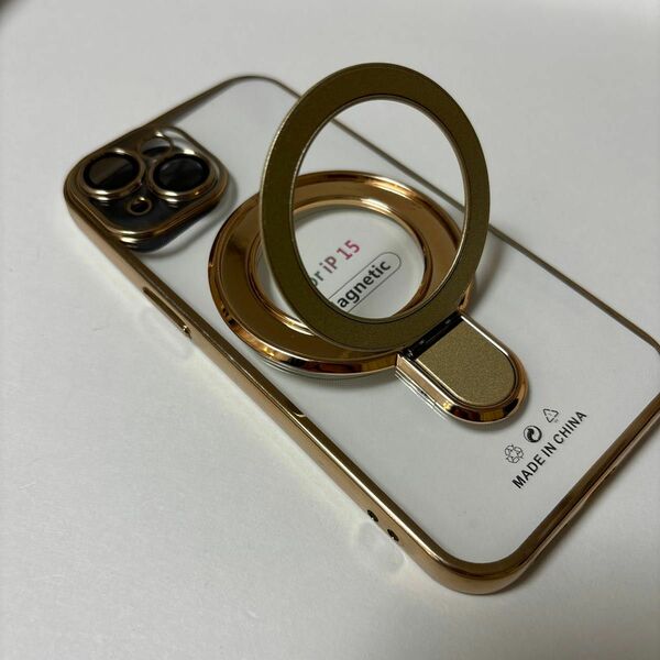 iPhone15 クリアケース、magsafe ワイヤレス充電、レンズ保護、リングホルダー付き ゴールド
