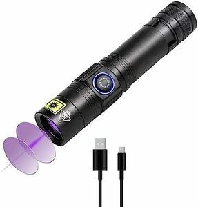 ブラック 365nm波長 ブラックライト 10W UVライト USB充電式 紫外線ライト アルミニウム合金 高耐久 多機能 UV懐