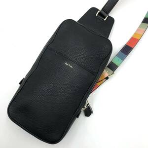 1円〜【未使用級】Paul Smith ポールスミス メンズ ボディバッグ スリングバッグ ショルダー ビジネス マルチストライプ シボ革 ブラック