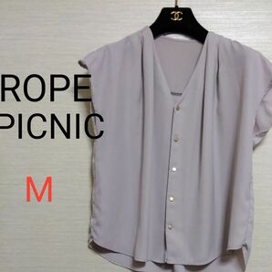 【ROPE PICNIC☆ロペピクニック】ショルダータック　 Vネック　 ノースリーブ カットソー フロントボタン　M　グレージュ