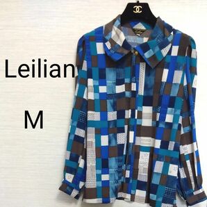 【Leilian☆レリアン】ヴィンテージ　レトロ　　水彩画風　 総柄 長袖 シャツブラウス 　9号　M　ブルー系