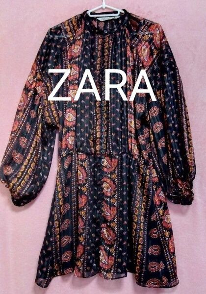 【ZARA☆ザラ】ラメ入　ペイズリー柄　ワンピース　Lサイズ　ドロップショルダー　ドルマンスリーブ　アジアン　シアー