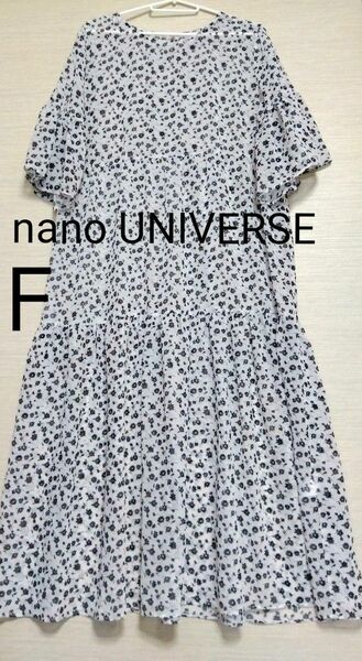 【ナノ・ユニバース☆nano universe】ゆったり　フリー　小花柄　シフォンワンピースティアード　モノトーン　Ｆ　白×黒