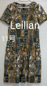 ◆【Leilian☆レリアン】訳あり　半袖ワンピース　膝丈　アジアン風　ボタニカル柄　ブラウン　11号　Lサイズ　薄地